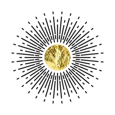 Klasik güneş patlaması, günbatımı ışınları. Altın folyo, parlak el yapımı daireler. Altın parıltılı doku, desen. El çizimi güneş patlaması, ışık ışınları. Logoti ya da harf, eski tarz. Vektör illüstrasyonu.