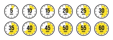 Kronometre simgeleri. Renkli basit kronometre, çevirmeli zaman sayacı. Geri sayım saatleri ve dakikaları gösteriyor. Son teslim tarihi, spor için ölçü. Yemek pişirme zamanı etiketi, çıkartma. Vektör illüstrasyonu.