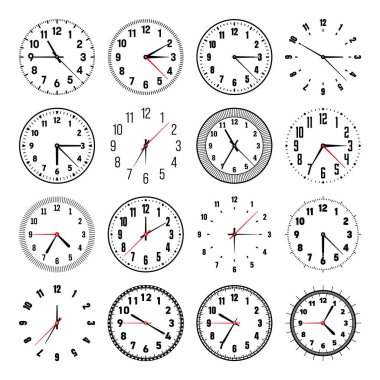 Ellerle mekanik saat yüzleri, bezel. Dakika, saat işaretleri, numaralar ve Arapça rakamlarla ara. Zamanlayıcı ya da kronometre elemanı. Daire ölçeğini bölümlerle ölçüyorum. Vektör illüstrasyonu.