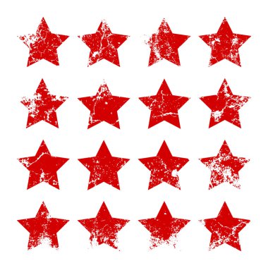 Kırık ve lekeli kırmızı klasik yıldızlar. Eski el yazısıyla çizilmiş, siyah basit bir şekil. Retro tasarım elementi sıkıntılı efekt, grunge doku. Vektör illüstrasyonu.