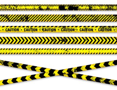 Eski grunge barikat bandı. Sarı polis uyarı hattı, parlak renkli tehlike ya da tehlikeli şerit, şerit. Yasak bölge, yasak bölge. Dikkat sembolü. Vektör illüstrasyonu.