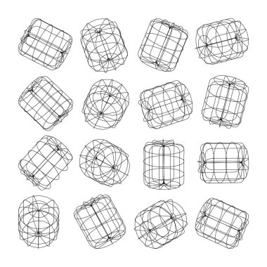 Kablo çerçeveli şekiller. Perspektif ağı, 3 boyutlu ızgara. Düşük polimetrik elementler. Retro gelecek tasarım elementleri, y2k, buhar dalgası ve sentetik dalga tarzı. Vektör illüstrasyonu.