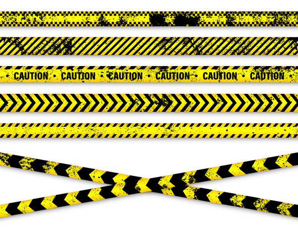 Старая гранж-баррикадная строительная лента. Желтая линия оповещения полиции, ярко окрашенная опасность или полоса опасности, лента. Запретная зона, зона. Символ внимания Векторная иллюстрация.
