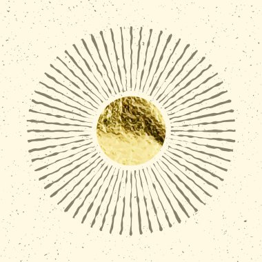 Klasik grunge gün batımı ışınları. Altın folyo, parlak el yapımı daireler. Altın parıltılı doku, desen. El çizimi güneş patlaması, ışık ışınları. Logoti, harfler, eski tarz. Vektör illüstrasyonu.