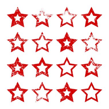 Kırık ve lekeli kırmızı klasik yıldızlar. Eski el yazısıyla çizilmiş, siyah basit bir şekil. Retro tasarım elementi sıkıntılı efekt, grunge doku. Vektör illüstrasyonu.
