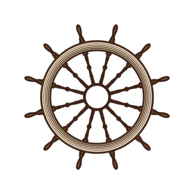 Tahta vintage direksiyon. Gemi, yelkenli ya da yat retro tekerlek sembolü. Denizci dümeni simgesi. Deniz logosu tasarım elementi. Vektör illüstrasyonu.