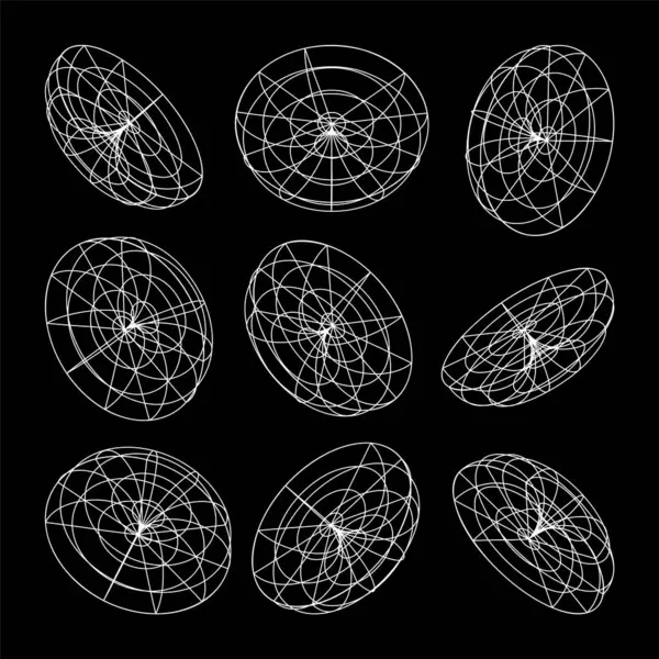 Kablo çerçeveli şekiller. Perspektif ağı, 3 boyutlu ızgara. Düşük polimetrik elementler. Retro gelecek tasarım elementleri, y2k, buhar dalgası ve sentetik dalga tarzı. Vektör illüstrasyonu.