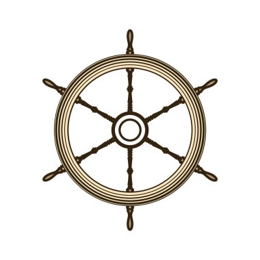 Tahta vintage direksiyon. Gemi, yelkenli ya da yat retro tekerlek sembolü. Denizci dümeni simgesi. Deniz logosu tasarım elementi. Vektör illüstrasyonu.