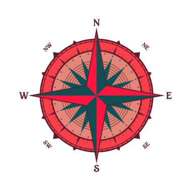 Klasik deniz rüzgârı yükseldi, deniz haritası. Kuzey, Doğu, Güney, Batı yönlerinin başlıca yönlerini gösteren renkli yön bulucu pusula. Coğrafi konum, haritacılık ve navigasyon. Vektör illüstrasyonu.