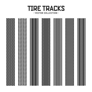 Lastik izleri, tekerlek fren izleri. Kamyon, araba ya da motosiklet lastiği siluetleri. Araba yarışı, motor sporu, hız yarışı tasarım unsuru. Vektör illüstrasyonu.