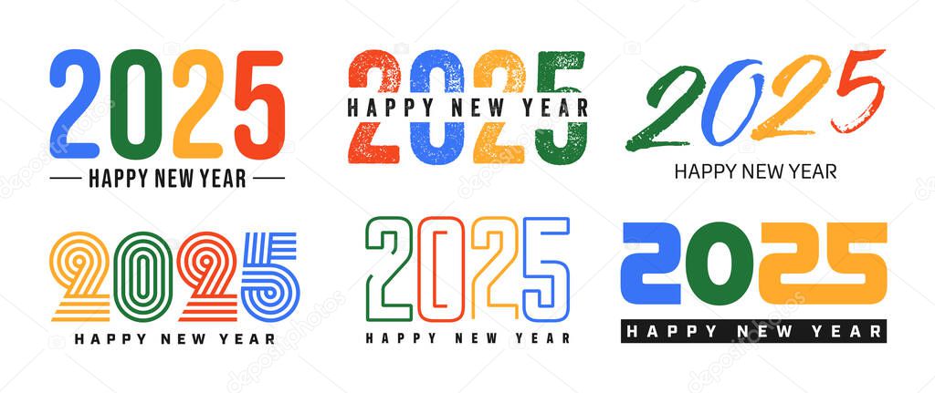 Set of 2025 Happy New Year greeting text designs. Christmas banner, poster, festive greeting card or seasonal promotion template. Collection of 2025 numbers with greetings. Vector illustration.