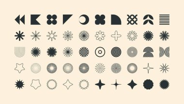 Acımasız geometrik şekiller, modern semboller. Basit ilkel elementler ve formlar. Retro tasarım, modern minimalist tarz, y2k. Vektör illüstrasyonu.