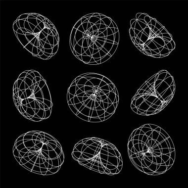 Kablo çerçeveli şekiller. Perspektif ağı, 3 boyutlu ızgara. Düşük polimetrik elementler. Retro gelecek tasarım elementleri, y2k, buhar dalgası ve sentetik dalga tarzı. Vektör illüstrasyonu.
