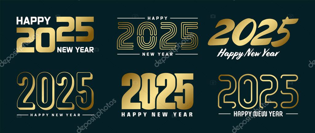 Set of 2025 Happy New Year greeting text designs. Christmas banner, poster, festive greeting card or seasonal promotion template. Collection of 2025 numbers with greetings. Vector illustration.