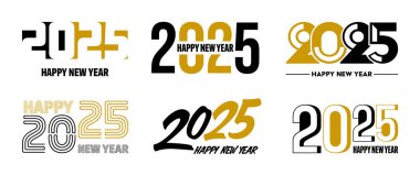 2025 Mutlu Yıllar metin tasarımları seti. Noel afişi, poster, kutlama kartı veya mevsimlik tanıtım şablonu. Selamlarla 2025 numaranın koleksiyonu. Vektör illüstrasyonu.