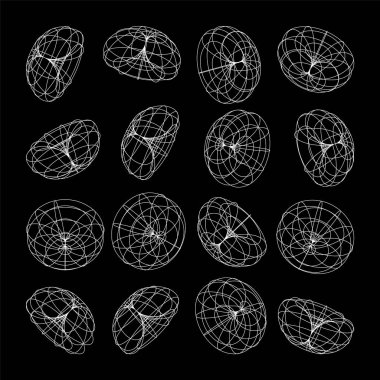 Kablo çerçeveli şekiller. Perspektif ağı, 3 boyutlu ızgara. Düşük polimetrik elementler. Retro gelecek tasarım elementleri, y2k, buhar dalgası ve sentetik dalga tarzı. Vektör illüstrasyonu.