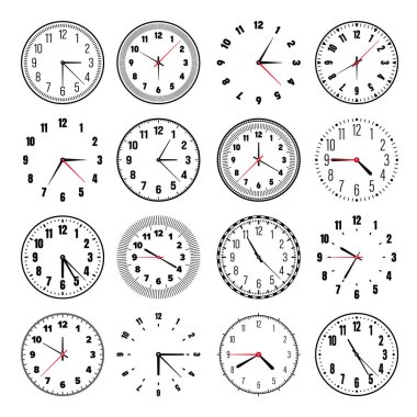 Ellerle mekanik saat yüzleri, bezel. Dakika, saat işaretleri, numaralar ve Arapça rakamlarla ara. Zamanlayıcı ya da kronometre elemanı. Daire ölçeğini bölümlerle ölçüyorum. Vektör illüstrasyonu.