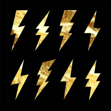 Altın yıldırım simgeleri koleksiyonu. Altın folyo dokusu. Flaş sembolü, yıldırım. Basit yıldırım çarpması işareti. Vektör illüstrasyonu.