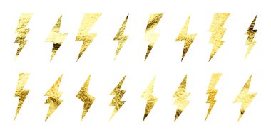 Altın yıldırım simgeleri koleksiyonu. Altın folyo dokusu. Flaş sembolü, yıldırım. Basit yıldırım çarpması işareti. Vektör illüstrasyonu.