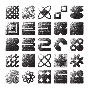 Acımasız geometrik şekiller, noktalı nesneler. Noktalama modern sembolleri belirler. Basit ilkel formlar. Retro tasarım, modern minimalist tarz, y2k. Nokta gölgeleme, çizim. Vektör illüstrasyonu.