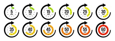 İşaret oklu kronometre simgeleri. Renkli kronometre, çevirmeli zaman sayacı. Geri sayım zamanı, saatler ve dakikalar. Son teslim tarihi, spor ölçümü. Yemek pişirme zamanı etiketi, çıkartma. Vektör illüstrasyonu.