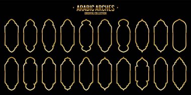 İslami çerçeveler, doğu tarzı. Altın Arap şekilleri, pencereler ve kemerler. Geleneksel süs afişi, çerçeve. Müslüman bayramları, Ramazan Kareem. Modern doğu mimarisi. Vektör illüstrasyonu.