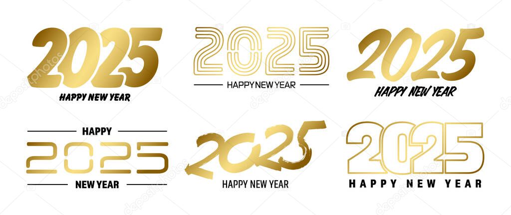 Set of 2025 Happy New Year greeting text designs. Christmas banner, poster, festive greeting card or seasonal promotion template. Collection of 2025 numbers with greetings. Vector illustration.