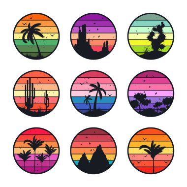 Grunge klasik günbatımı koleksiyonu. 80 'ler ve 90' lar tarzında renkli çizgili gündoğumu rozetleri. Güneş ve okyanus manzarası, yaz atmosferi, sörf. Baskı, logo ya da tişört için tasarım elemanı. Vektör illüstrasyonu.