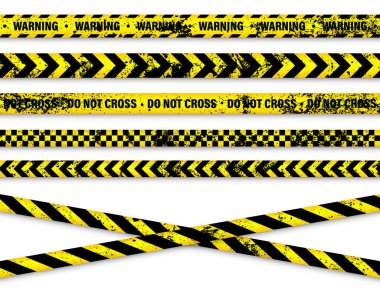 Eski grunge barikat bandı. Sarı polis uyarı hattı, parlak renkli tehlike ya da tehlikeli şerit, şerit. Yasak bölge, yasak bölge. Dikkat sembolü. Vektör illüstrasyonu.