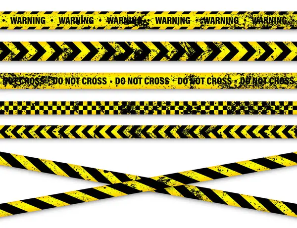 Eski grunge barikat bandı. Sarı polis uyarı hattı, parlak renkli tehlike ya da tehlikeli şerit, şerit. Yasak bölge, yasak bölge. Dikkat sembolü. Vektör illüstrasyonu.