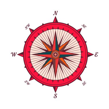 Klasik deniz rüzgârı yükseldi, deniz haritası. Kuzey, Doğu, Güney, Batı yönlerinin başlıca yönlerini gösteren renkli yön bulucu pusula. Coğrafi konum, haritacılık ve navigasyon. Vektör illüstrasyonu.
