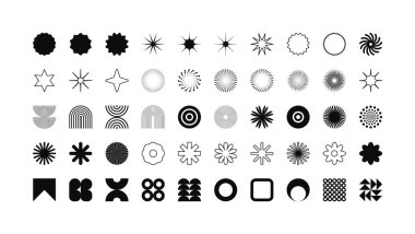 Acımasız geometrik şekiller, modern semboller. Basit ilkel elementler ve formlar. Retro tasarım, modern minimalist tarz, y2k. Vektör illüstrasyonu.