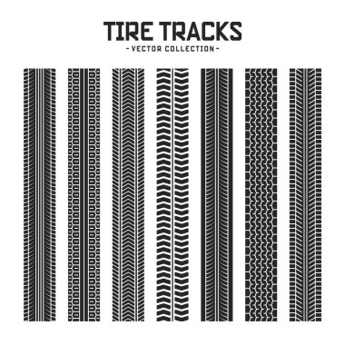 Lastik izleri, tekerlek fren izleri. Kamyon, araba ya da motosiklet lastiği siluetleri. Araba yarışı, motor sporu, hız yarışı tasarım unsuru. Vektör illüstrasyonu.