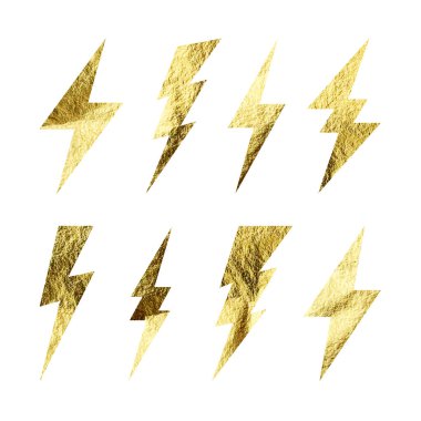 Altın yıldırım simgeleri koleksiyonu. Altın folyo dokusu. Flaş sembolü, yıldırım. Basit yıldırım çarpması işareti. Vektör illüstrasyonu.