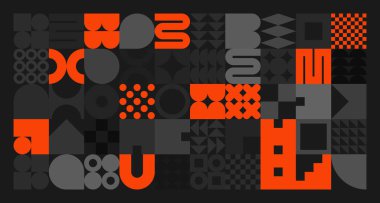 Acımasız geometrik şekiller, gri ve turuncu semboller. Basit ilkel elementler ve formlar. Retro tasarım, modaya uygun çağdaş minimalist tarz. Vektör illüstrasyonu.