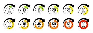 İşaret oklu kronometre simgeleri. Renkli kronometre, çevirmeli zaman sayacı. Geri sayım zamanı, saatler ve dakikalar. Son teslim tarihi, spor ölçümü. Yemek pişirme zamanı etiketi, çıkartma. Vektör illüstrasyonu.