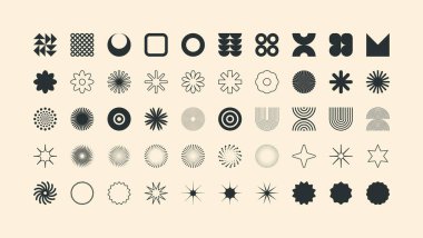 Acımasız geometrik şekiller, modern semboller. Basit ilkel elementler ve formlar. Retro tasarım, modern minimalist tarz, y2k. Vektör illüstrasyonu.