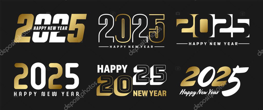 Set of 2025 Happy New Year greeting text designs. Christmas banner, poster, festive greeting card or seasonal promotion template. Collection of 2025 numbers with greetings. Vector illustration.