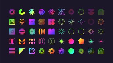 Acımasız geometrik şekiller, modern semboller. Renkli neon basit ilkel elementler ve formlar. Retro tasarım, modern minimalist tarz, y2k. Vektör illüstrasyonu.