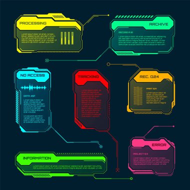 Fütürist HUD veya UI elementleri. Bilim kurgu kullanıcı arayüzü mesaj kutuları, çağrılar. Renkli uyarı mesajı çerçevesi, bilgi kutuları şablonu. Modern oyun arayüzü düzeni, dijital stil. Vektör illüstrasyonu.