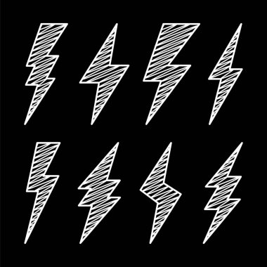 Yıldırım civata simgeleri koleksiyonu. El çizimi flaş sembolü, yıldırım. Basit yıldırım çarpması işareti. Vektör illüstrasyonu.