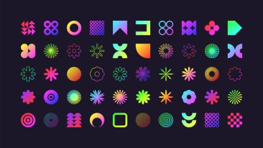 Acımasız geometrik şekiller, modern semboller. Renkli neon basit ilkel elementler ve formlar. Retro tasarım, modern minimalist tarz, y2k. Vektör illüstrasyonu.