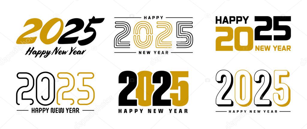 Set of 2025 Happy New Year greeting text designs. Christmas banner, poster, festive greeting card or seasonal promotion template. Collection of 2025 numbers with greetings. Vector illustration.