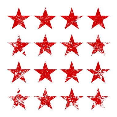 Kırık ve lekeli kırmızı klasik yıldızlar. Eski el yazısıyla çizilmiş, siyah basit bir şekil. Retro tasarım elementi sıkıntılı efekt, grunge doku. Vektör illüstrasyonu.