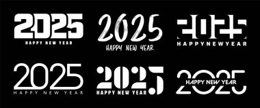 2025 Mutlu Yıllar metin tasarımları seti. Noel afişi, poster, kutlama kartı veya mevsimlik tanıtım şablonu. Selamlarla 2025 numaranın koleksiyonu. Vektör illüstrasyonu.