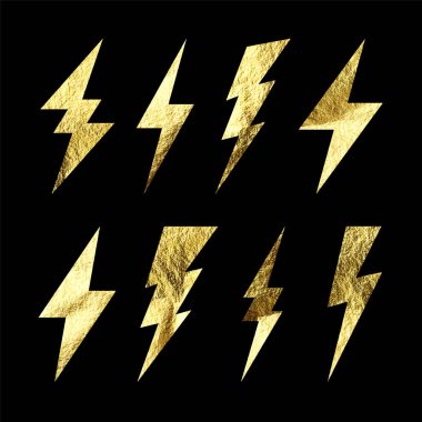 Altın yıldırım simgeleri koleksiyonu. Altın folyo dokusu. Flaş sembolü, yıldırım. Basit yıldırım çarpması işareti. Vektör illüstrasyonu.