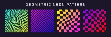 Dama desenli, rengarenk desenli döşemeli. Klasik dalgalı eğimli arka plan, bozulma etkisi. Garip geometrik satranç tahtası dokusu, 90 'ların tarzında retro arka plan, y2k. Vektör illüstrasyonu.