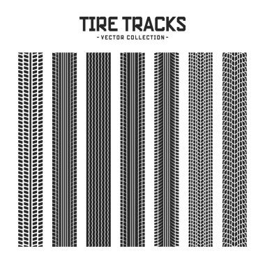 Lastik izleri, tekerlek fren izleri. Kamyon, araba ya da motosiklet lastiği siluetleri. Araba yarışı, motor sporu, hız yarışı tasarım unsuru. Vektör illüstrasyonu.
