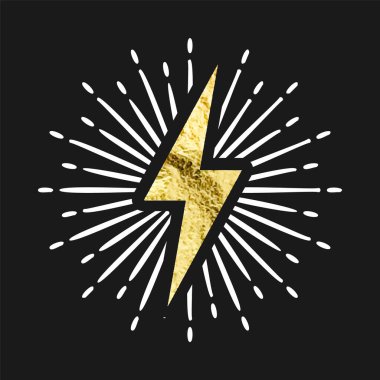Klasik altın yıldırım ve güneş ışınları. Altın folyo dokusu. Güneş patlaması etkisi olan bir şimşek. Şimşek, elektrik şoku işareti. Vektör illüstrasyonu.