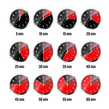 Duvar saati, kronometre simgeleri. Parlak metal kronometre, çevirmeli zaman sayacı. Kırmızı geri sayım zamanlayıcısı dakikaları ve saniyeleri gösteriyor. Spor için zaman ölçümü, başla ve bitir. Vektör illüstrasyonu.